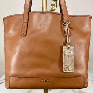 Fossil Reversible Slouchy Brown Tan Leather Metallic Rose Gold Handbag Tote Bag